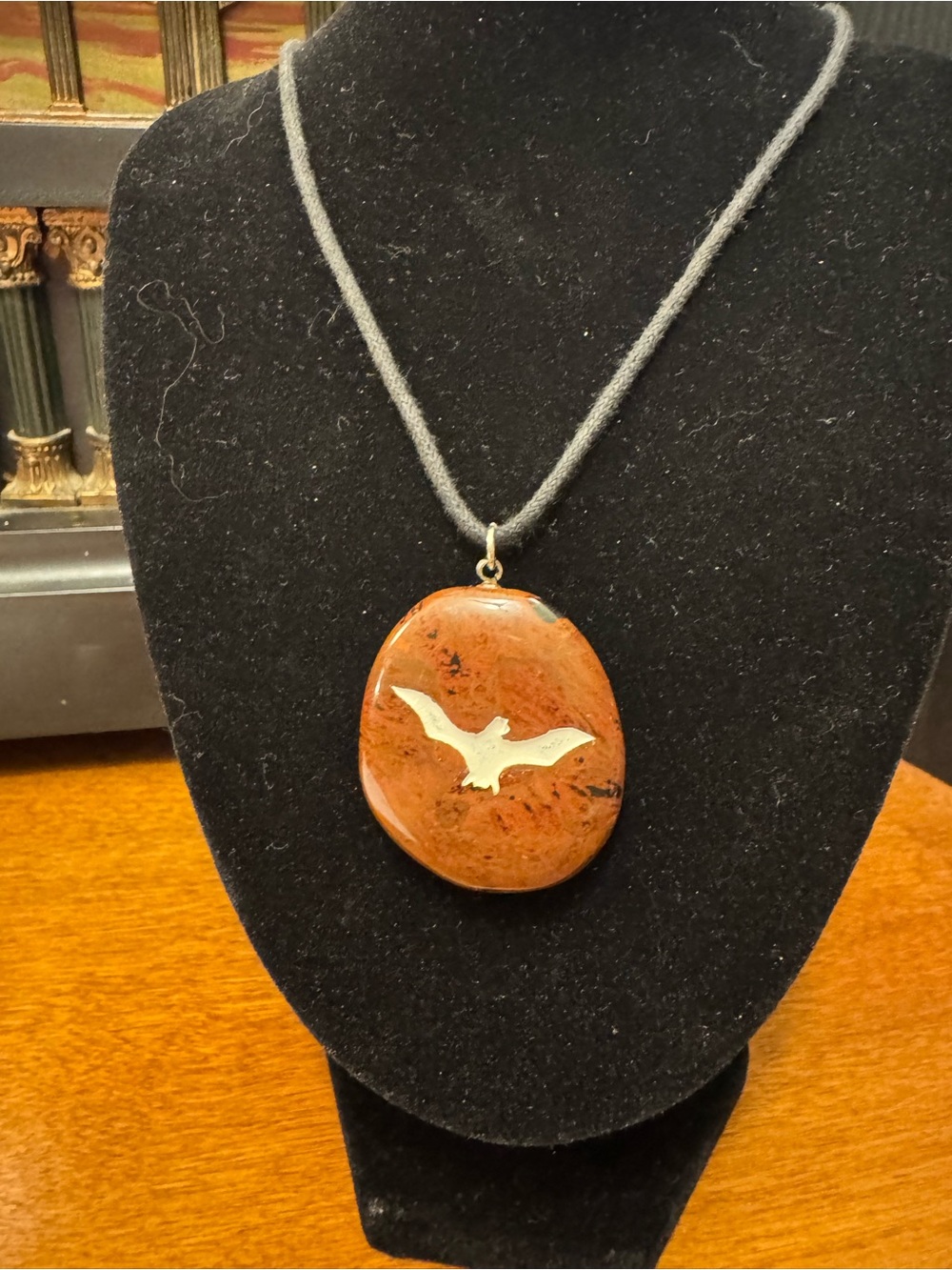 Handcrafted Red Jasper Stone Pendant Necklace with Bat Inlay